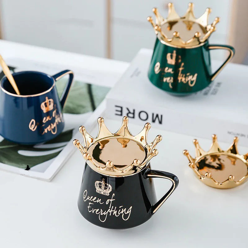 400ml Crown Ceramic Coffee Cup Fine Couple Mug with Lid Simple Afternoon Tea Coffee Cup Breakfast Milk Coffee Mug Birthday Gift