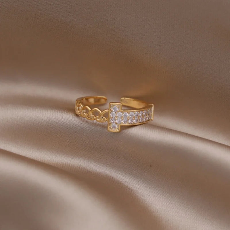 Gold plated simple double love crystal ring elegant women's daily opening ring accessories