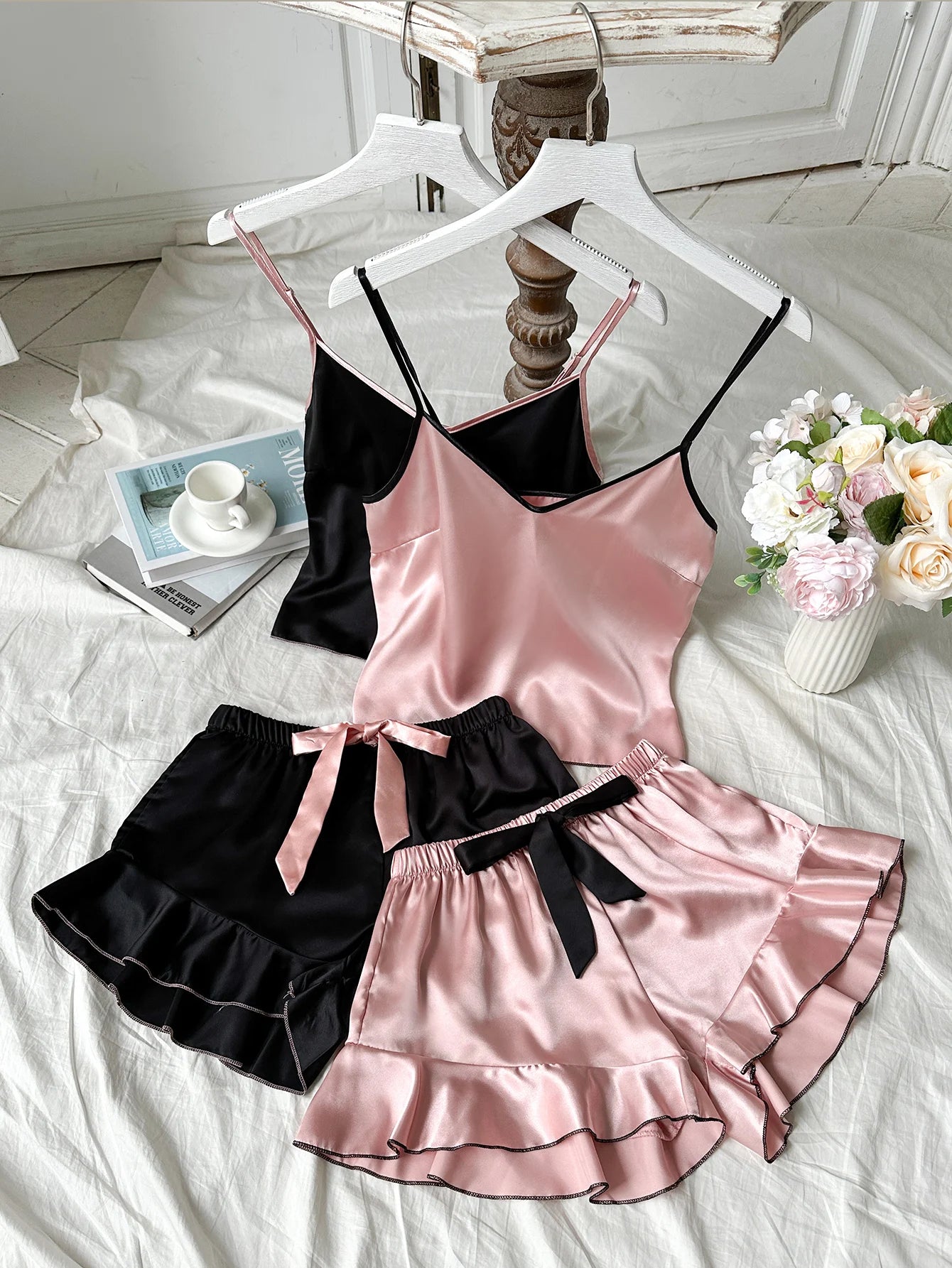 Luxurious Women’s Satin Pajama Set – V-Neck Ruffle Top & Bow Shorts