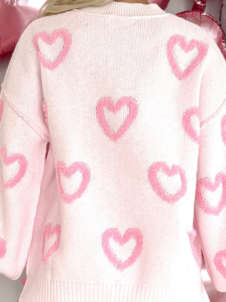 Women’s Pink Heart Print Oversized Sweatshirt – Romantic Valentine’s Day Sweater