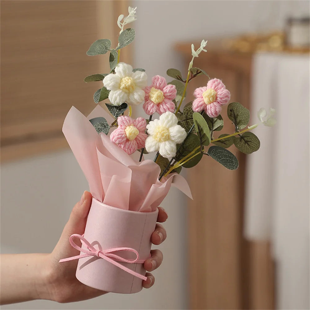 5PCS Knitted Flowers Puff Bucket Bouquet – Woolen Handcrafted Flowers for Valentine’s Day, Weddings, and Gifts
