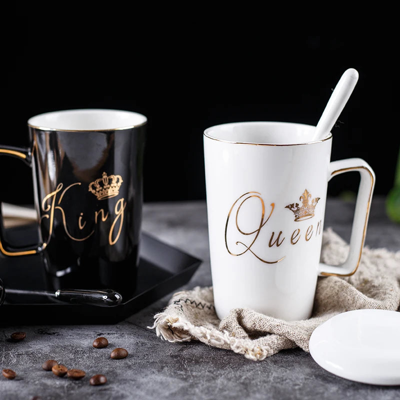 2-Piece Ceramic Couple Mug Set with Lids & Spoons – King & Queen Design for Valentine's Day, Wedding, or Birthday Gifts – 400ml