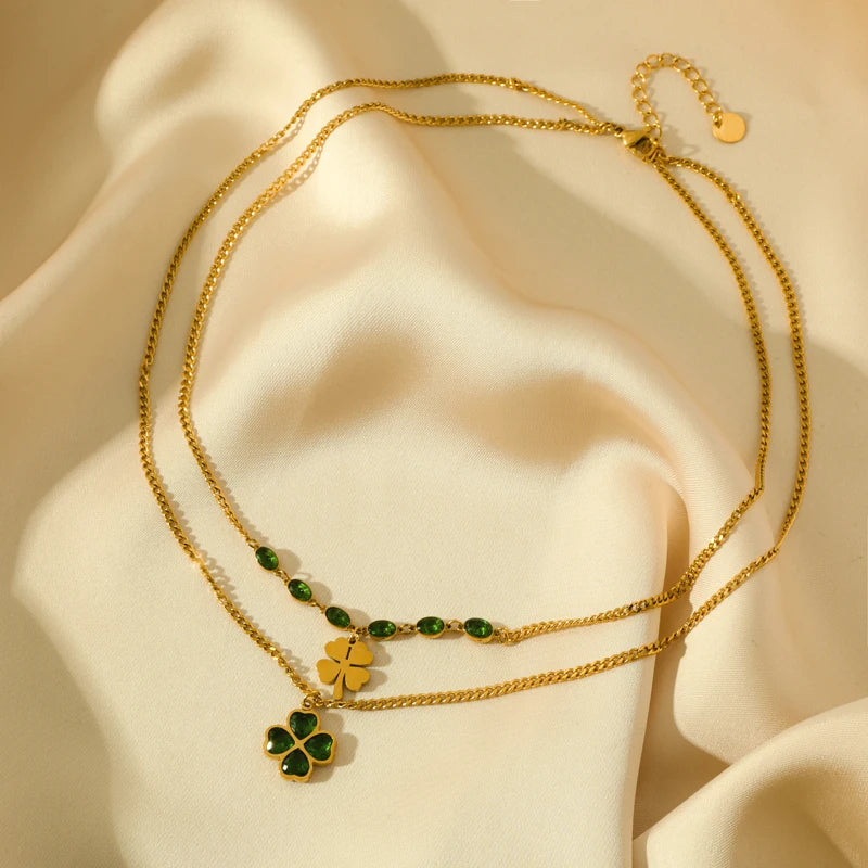 GANEMLY 316L Stainless Steel Clover Pendant Necklace – Green Crystal 2-Layer Chain for Women’s Trendy Luxury Jewelry