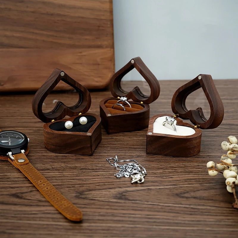 Heart-Shaped Transparent Walnut Ring Box