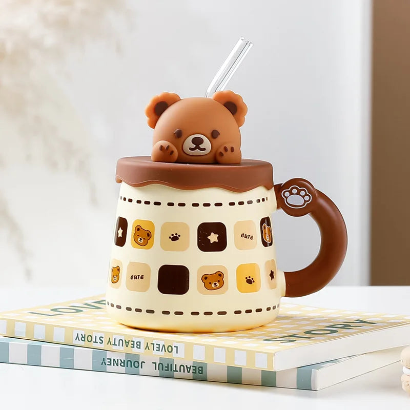 Adorable Bear Ceramic Mug with Lid and Straw – Large Capacity Coffee and Milk Cup for Home and Office