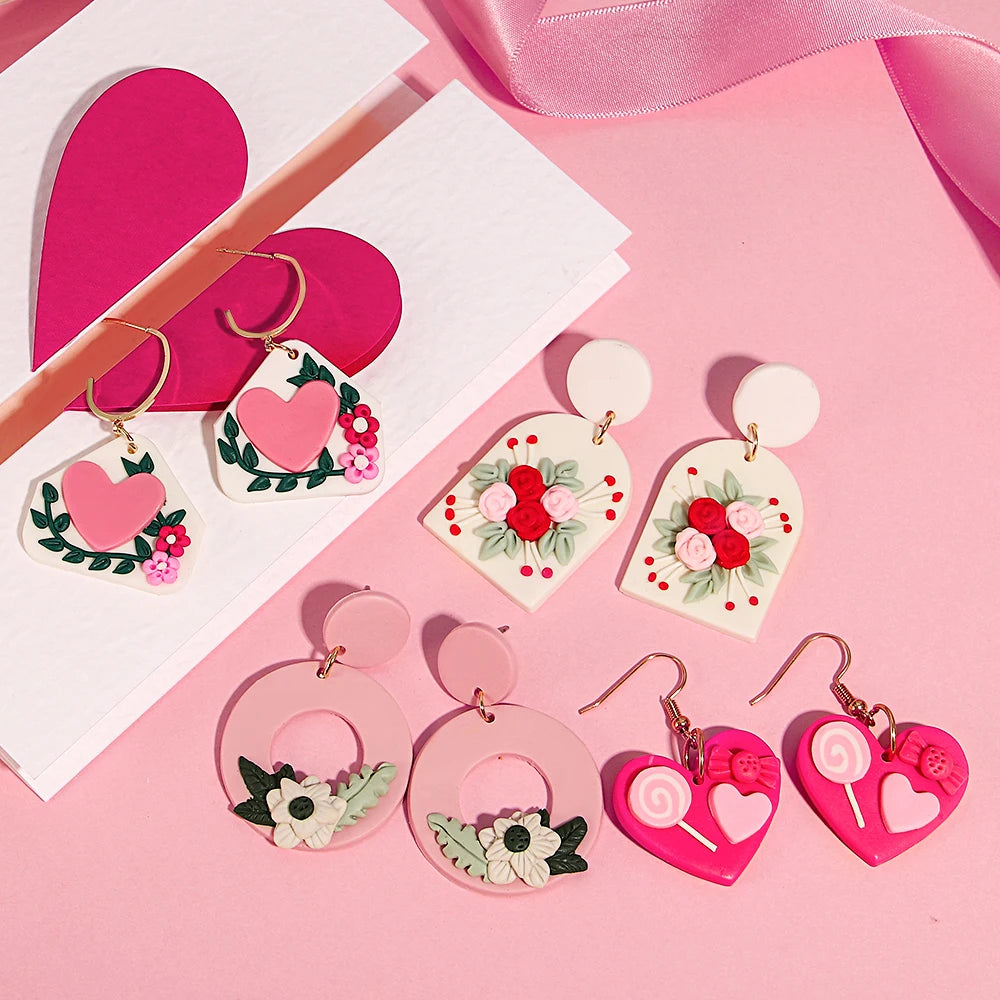 Polymer Clay Heart Earrings for Women – Handmade Valentine's Day Gift, Flower & Heart Drop Earrings