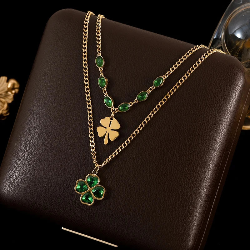 GANEMLY 316L Stainless Steel Clover Pendant Necklace – Green Crystal 2-Layer Chain for Women’s Trendy Luxury Jewelry