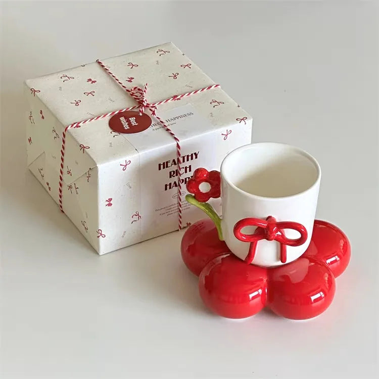 Handmade Pink Bow Ceramic Mug – 350ml Irregular Artistic Coffee Cup, Cute Gift Water Cup for Women