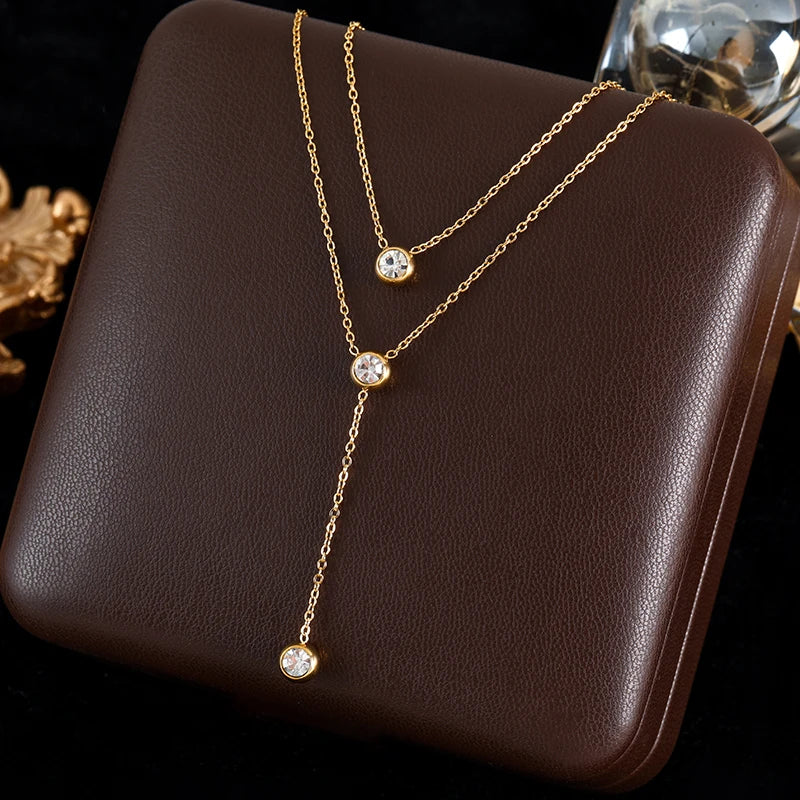 GANEMLY 316L Stainless Steel Clover Pendant Necklace – Green Crystal 2-Layer Chain for Women’s Trendy Luxury Jewelry