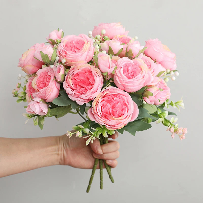 30cm Rose Pink Peony Silk Bouquet – Artificial Flower with 5 Big Heads & 4 Small Buds for Weddings and Home Decor