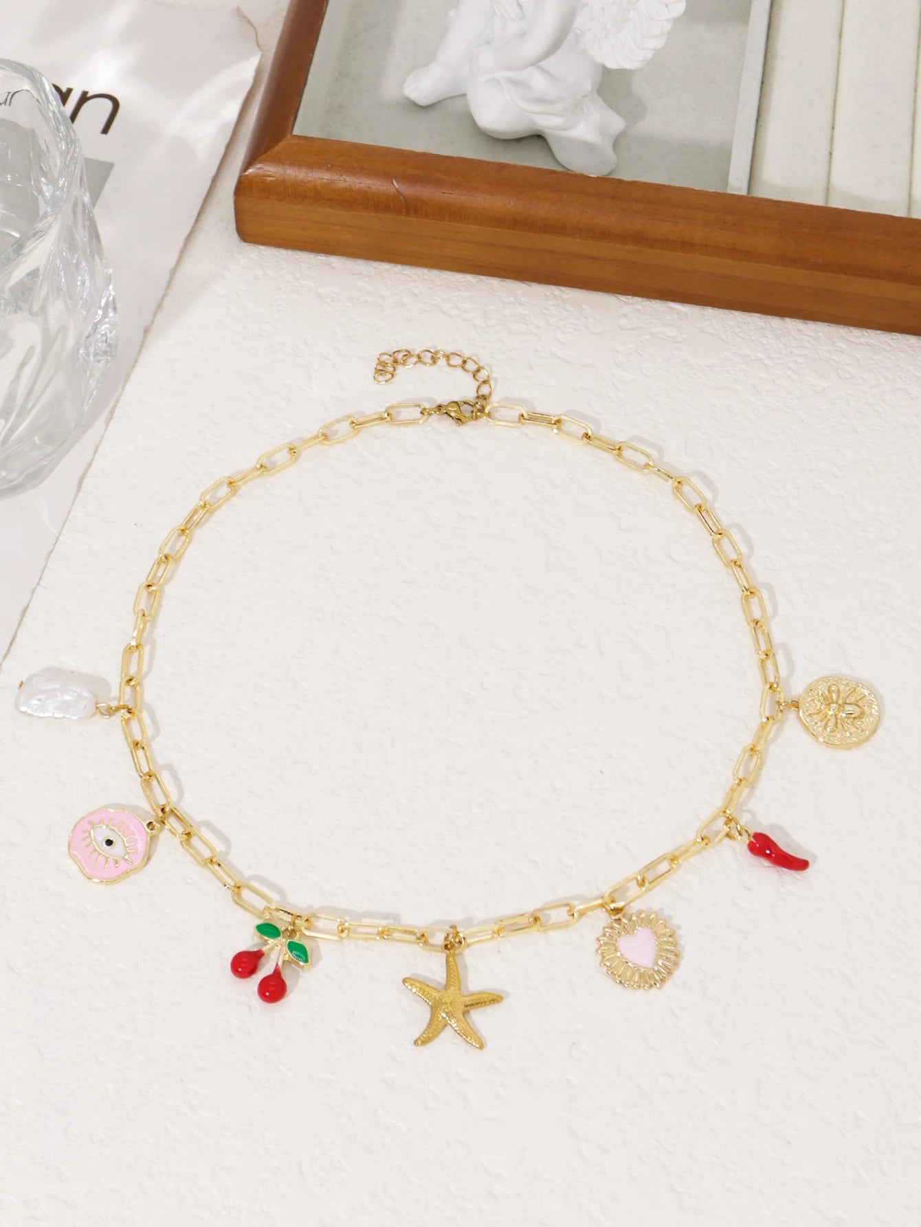 Evil Eye Charms Necklace – Gold Heart Pendant with Boho Sun, Moon, and Chili Accents for Women’s Party Jewelry