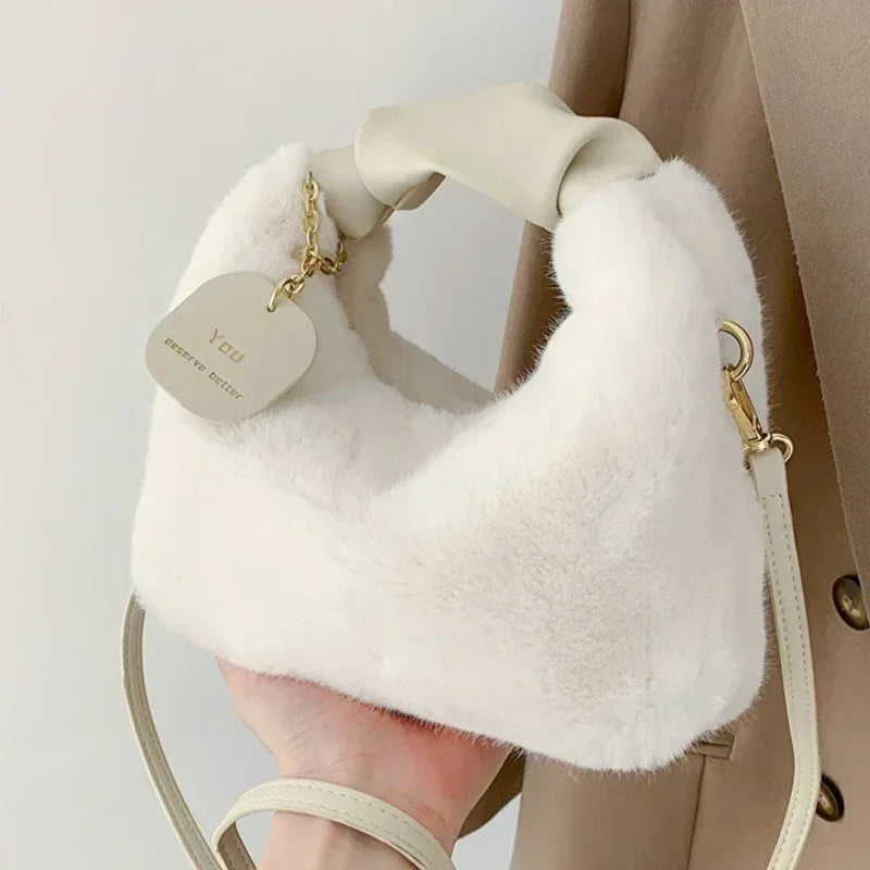 Women’s Faux Fur Plush Handbag – Ruched Handle Small Shoulder & Crossbody Tote for Winter