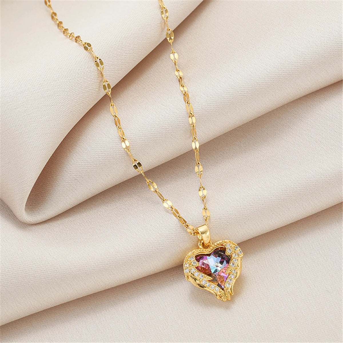 Luxury Colorful Crystal Ocean Heart Pendant Necklace – Trendy 316L Stainless Steel Jewelry for Women