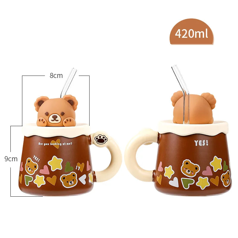 Adorable Bear Ceramic Mug with Lid and Straw – Large Capacity Coffee and Milk Cup for Home and Office