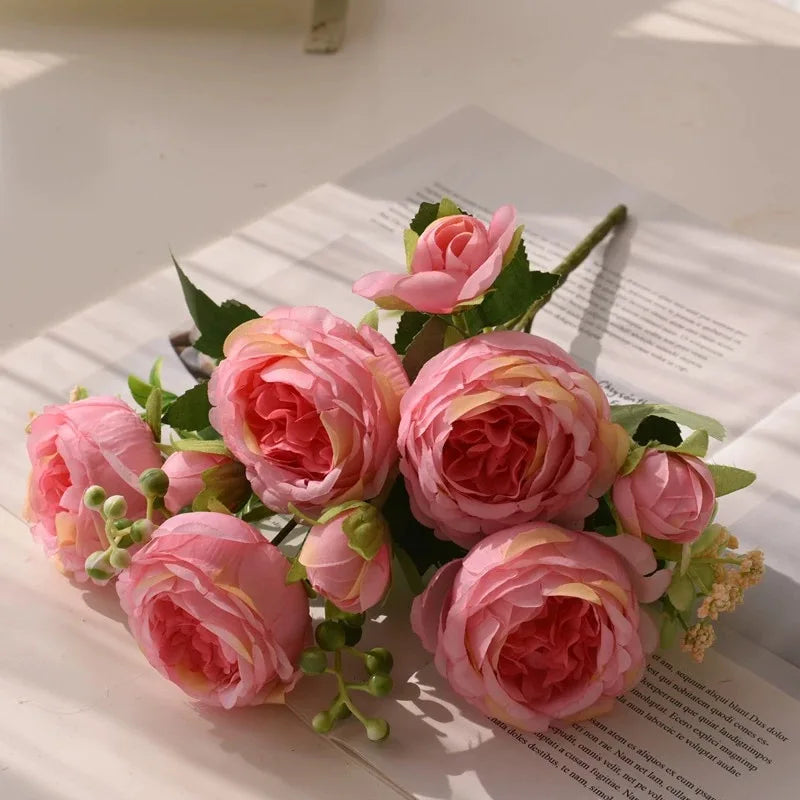 30cm Rose Pink Peony Silk Bouquet – Artificial Flower with 5 Big Heads & 4 Small Buds for Weddings and Home Decor
