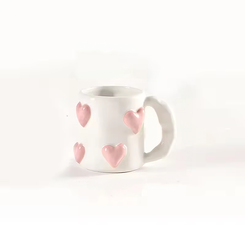 Hand-Painted Ceramic Mug with Pink Hearts – Cute Underglaze Coffee & Milk Cup, Perfect Valentine's Day Gift for Her