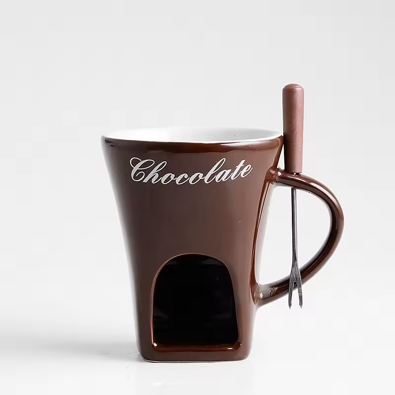 Personal Mini Fondue Mug Set – Ceramic Chocolate & Cheese Melting Cup with Forks, Ideal for Valentine's Day and Girls' Gifts