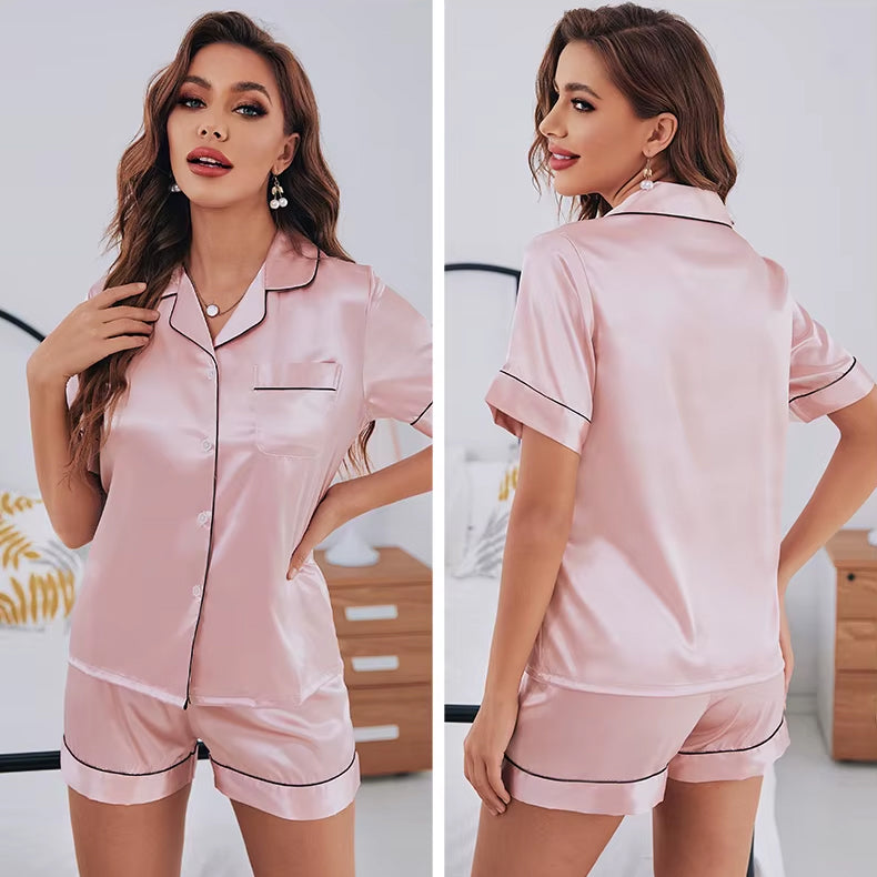 Women’s Silk Satin Pajama Set – Short Sleeve Button-Down Two-Piece Sleepwear