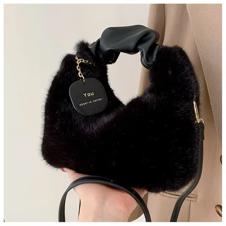 Women’s Faux Fur Plush Handbag – Ruched Handle Small Shoulder & Crossbody Tote for Winter