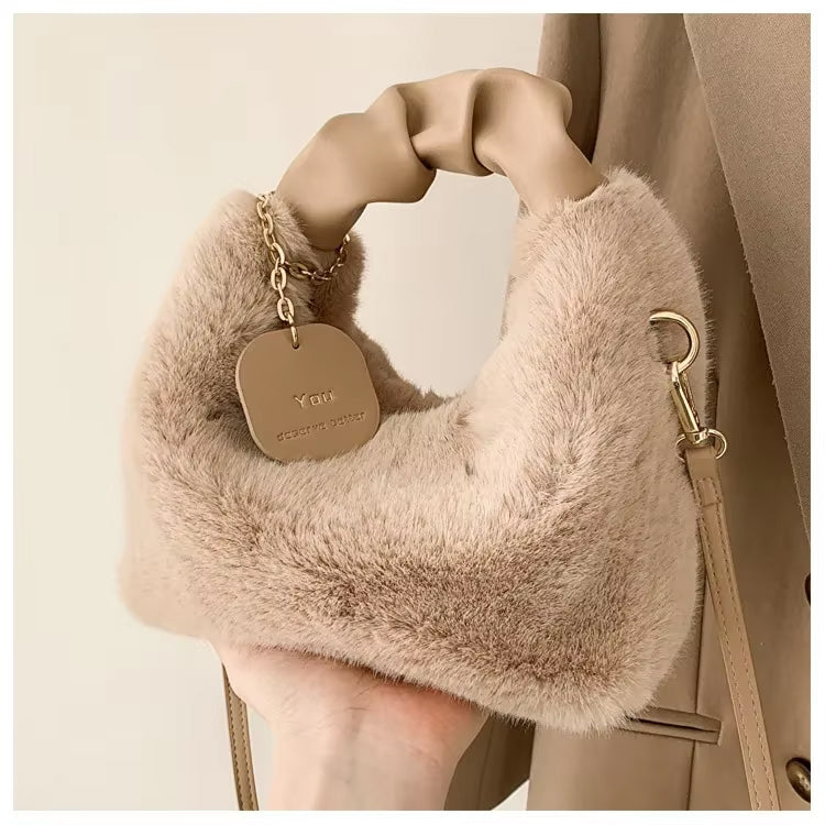 Women’s Faux Fur Plush Handbag – Ruched Handle Small Shoulder & Crossbody Tote for Winter