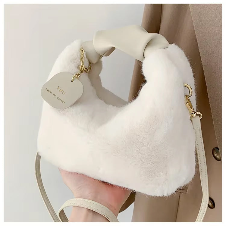 Women’s Faux Fur Plush Handbag – Ruched Handle Small Shoulder & Crossbody Tote for Winter