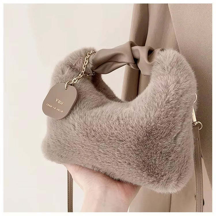 Women’s Faux Fur Plush Handbag – Ruched Handle Small Shoulder & Crossbody Tote for Winter