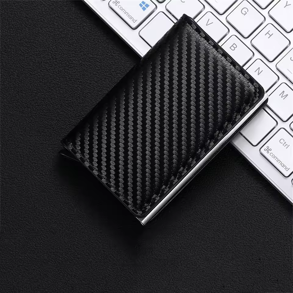 Premium Carbon Fiber RFID Credit Card Holder Wallet – Slim Minimalist Pop-Up Design for Men, Metal RFID Protection, Stylish Black Wallet