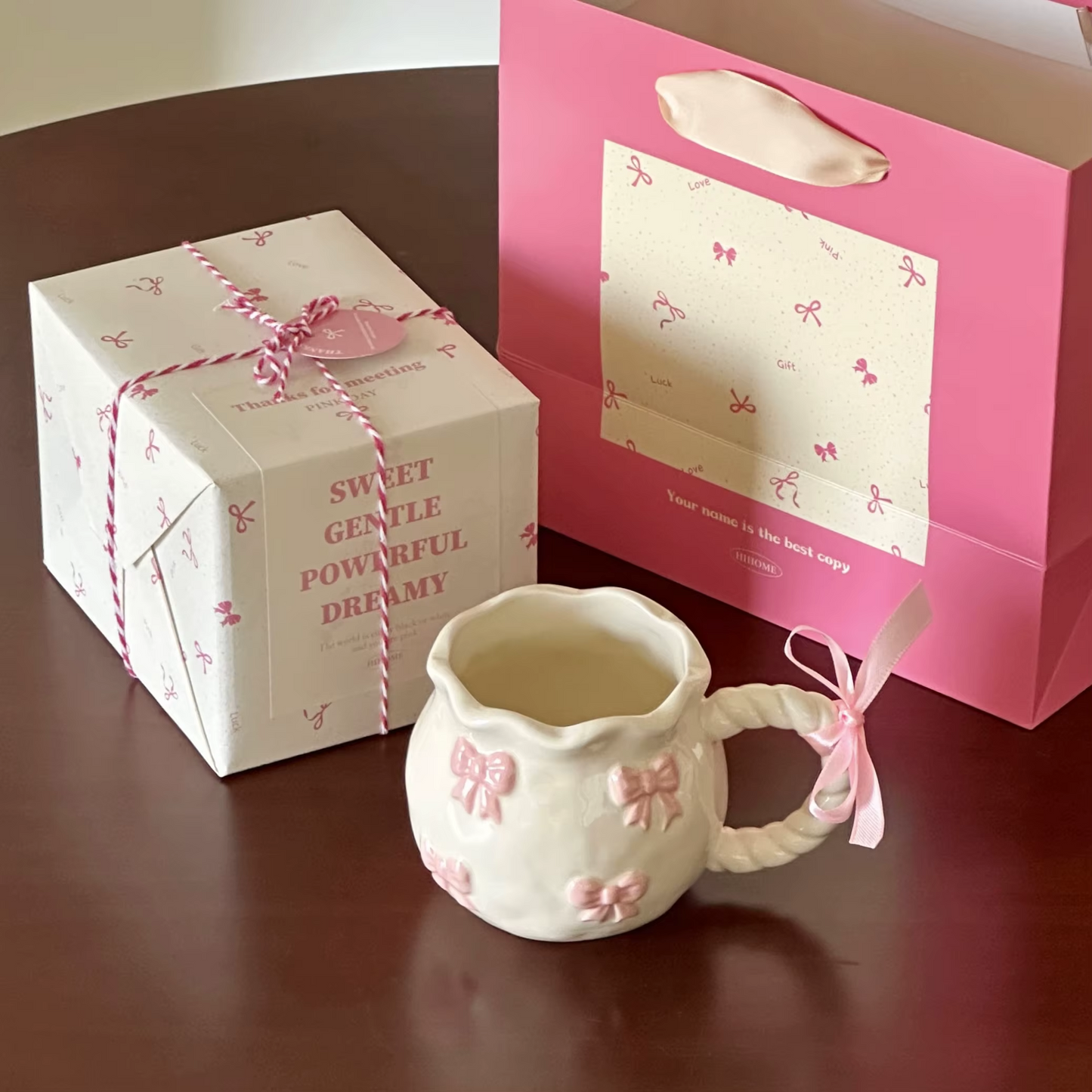 Handmade Pink Bow Ceramic Mug – 350ml Irregular Artistic Coffee Cup, Cute Gift Water Cup for Women