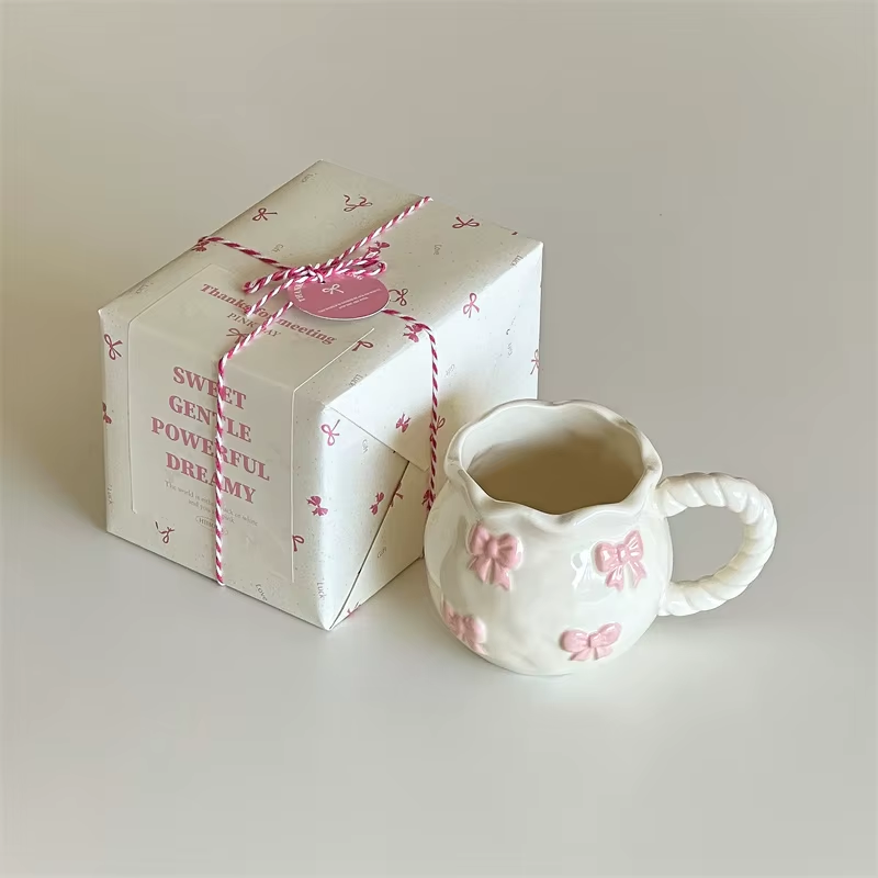 Handmade Pink Bow Ceramic Mug – 350ml Irregular Artistic Coffee Cup, Cute Gift Water Cup for Women
