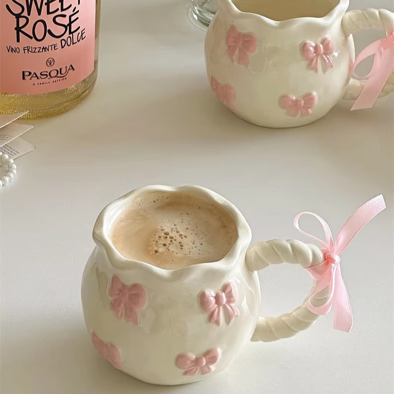 Handmade Pink Bow Ceramic Mug – 350ml Irregular Artistic Coffee Cup, Cute Gift Water Cup for Women