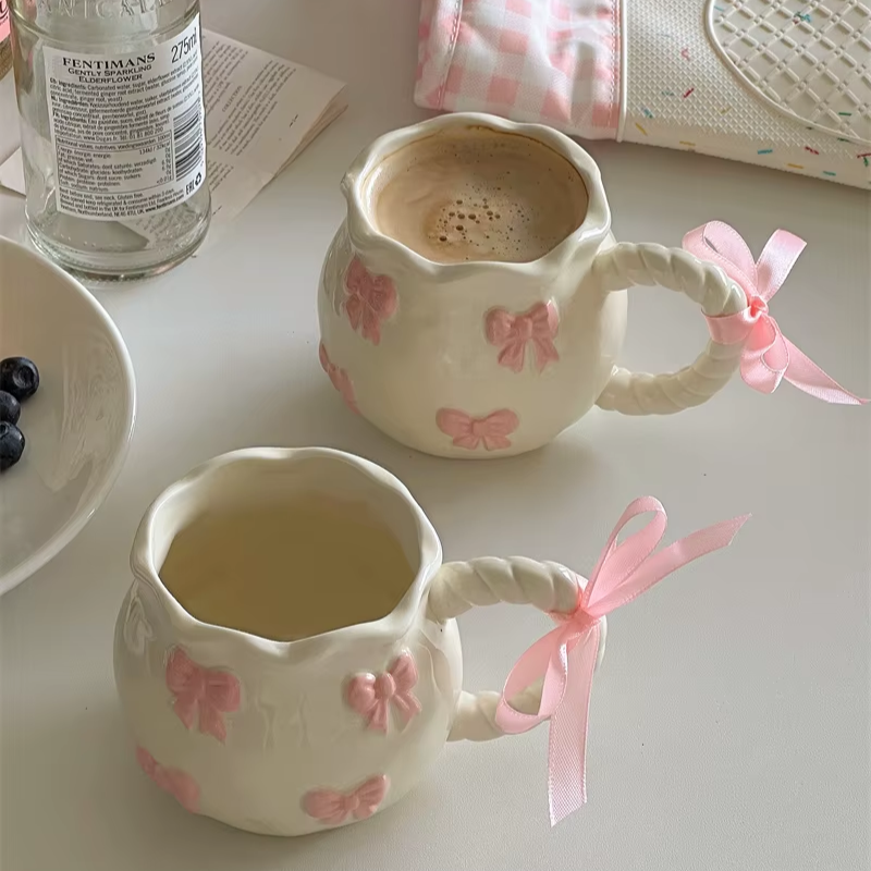 Handmade Pink Bow Ceramic Mug – 350ml Irregular Artistic Coffee Cup, Cute Gift Water Cup for Women