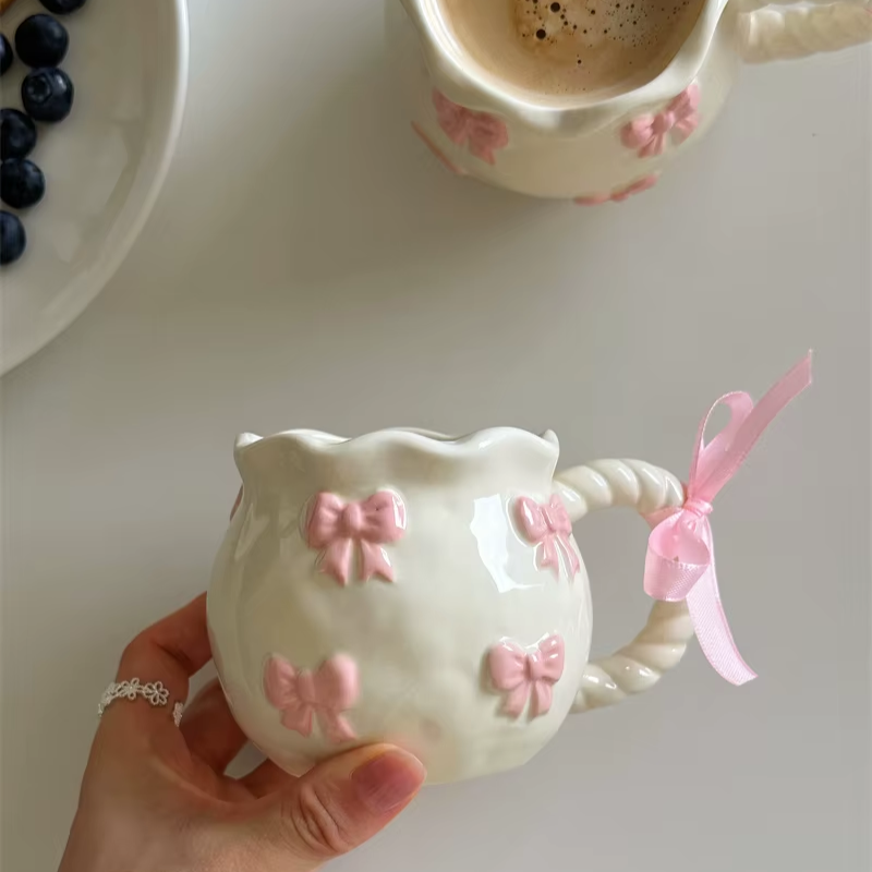 Handmade Pink Bow Ceramic Mug – 350ml Irregular Artistic Coffee Cup, Cute Gift Water Cup for Women