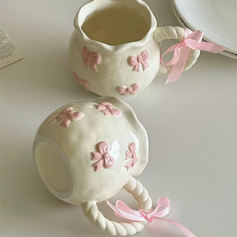 Handmade Pink Bow Ceramic Mug – 350ml Irregular Artistic Coffee Cup, Cute Gift Water Cup for Women