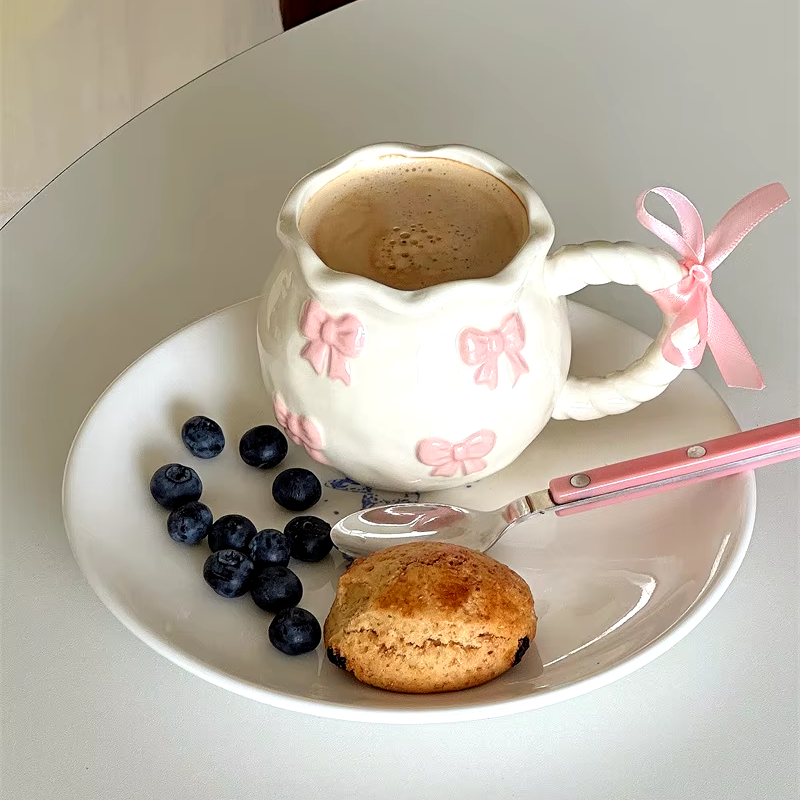 Handmade Pink Bow Ceramic Mug – 350ml Irregular Artistic Coffee Cup, Cute Gift Water Cup for Women