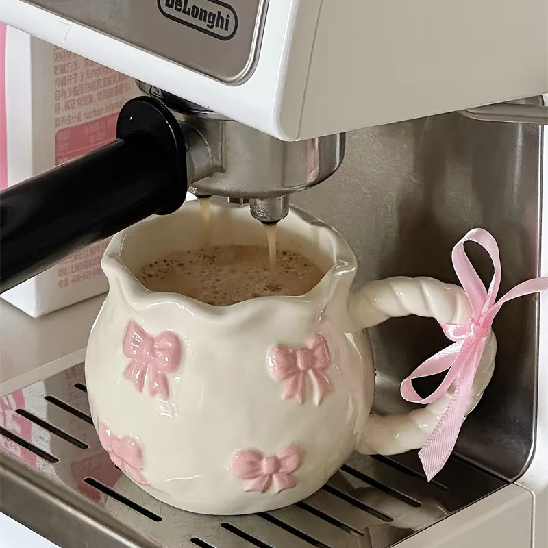 Handmade Pink Bow Ceramic Mug – 350ml Irregular Artistic Coffee Cup, Cute Gift Water Cup for Women