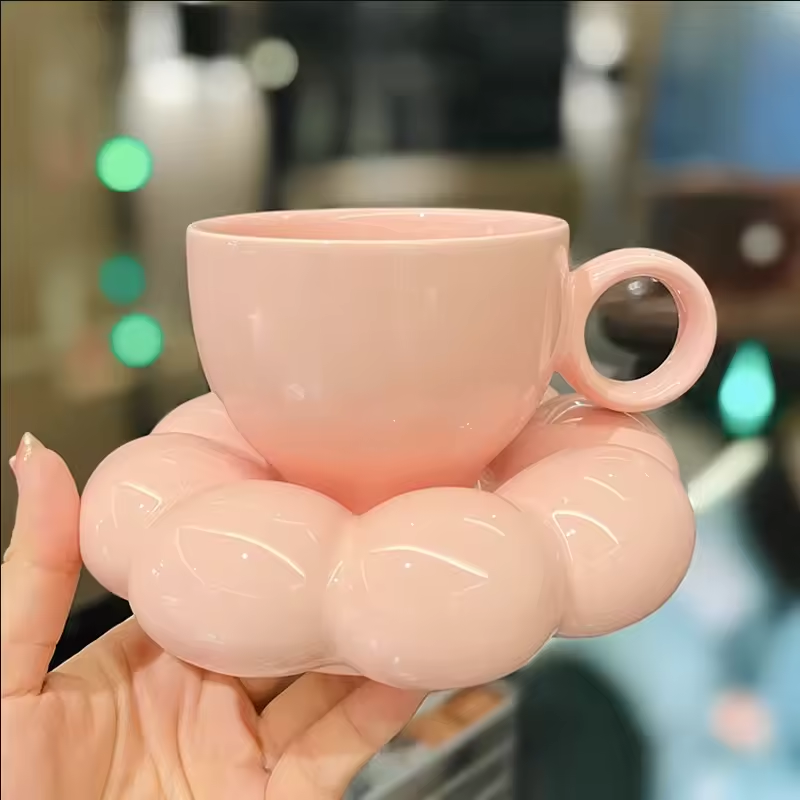 Sunflower Ceramic Coffee Mug Set - Modern Macaroon Series with Saucer, Pearl White, Durable and Stylish for Home & Office