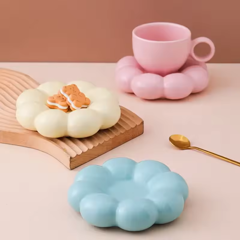 Sunflower Ceramic Coffee Mug Set - Modern Macaroon Series with Saucer, Pearl White, Durable and Stylish for Home & Office