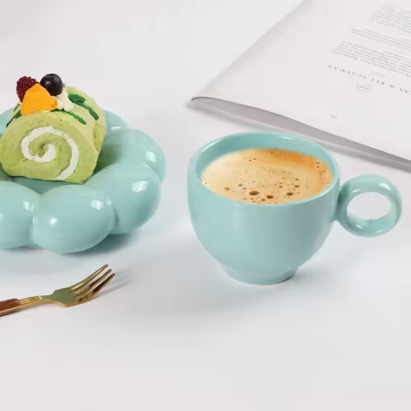 Sunflower Ceramic Coffee Mug Set - Modern Macaroon Series with Saucer, Pearl White, Durable and Stylish for Home & Office