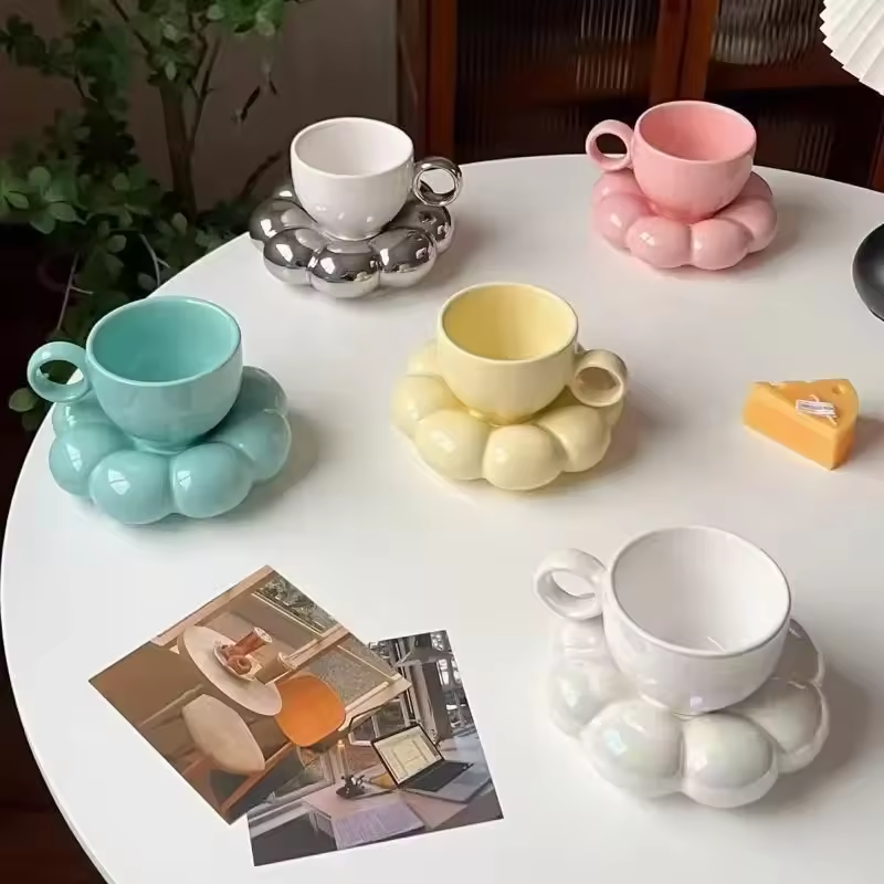 Sunflower Ceramic Coffee Mug Set - Modern Macaroon Series with Saucer, Pearl White, Durable and Stylish for Home & Office