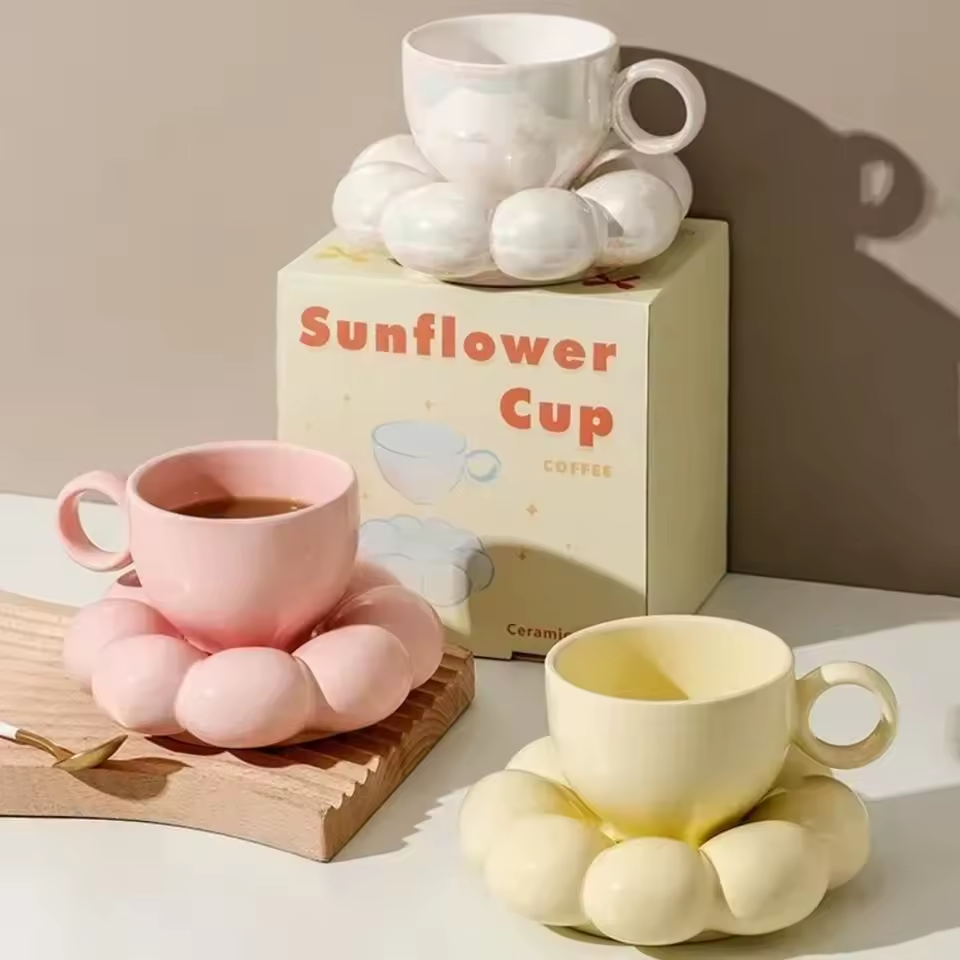 Sunflower Ceramic Coffee Mug Set - Modern Macaroon Series with Saucer, Pearl White, Durable and Stylish for Home & Office