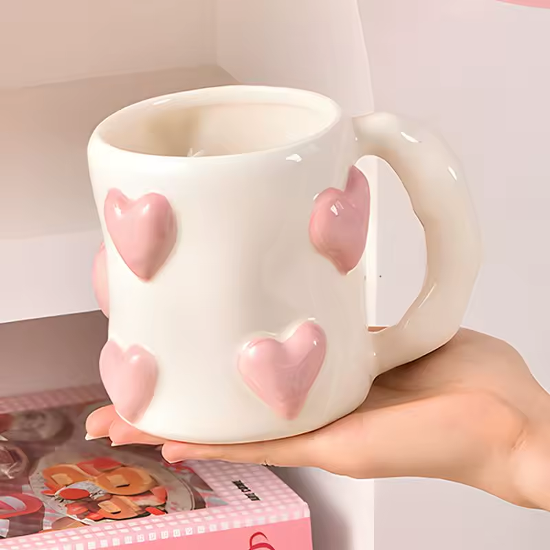 Hand-Painted Ceramic Mug with Pink Hearts – Cute Underglaze Coffee & Milk Cup, Perfect Valentine's Day Gift for Her