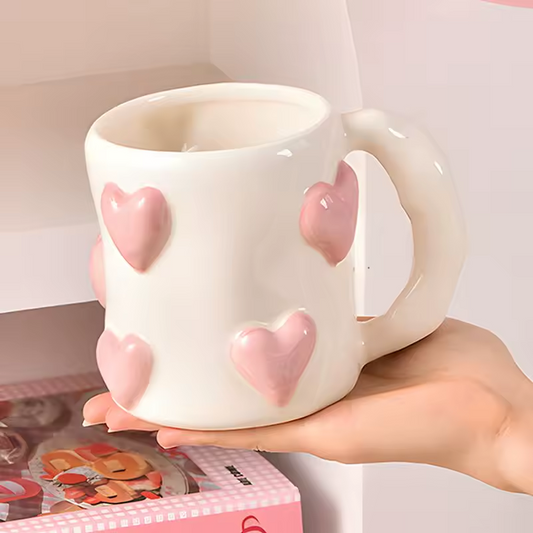 Hand-Painted Ceramic Mug with Pink Hearts – Cute Underglaze Coffee & Milk Cup, Perfect Valentine's Day Gift for Her