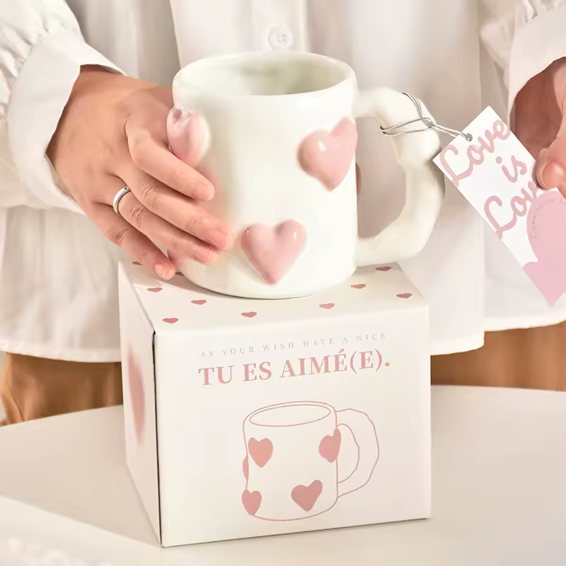 Hand-Painted Ceramic Mug with Pink Hearts – Cute Underglaze Coffee & Milk Cup, Perfect Valentine's Day Gift for Her