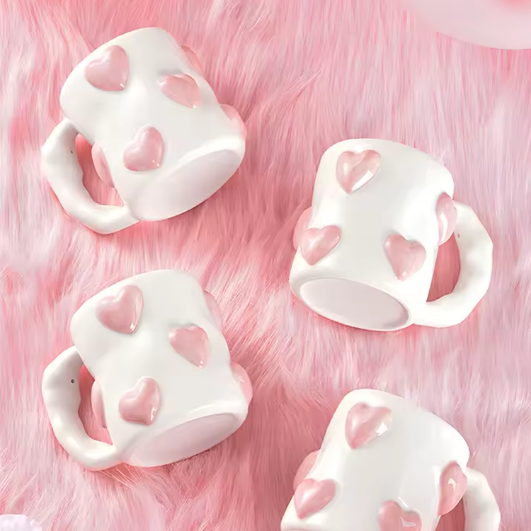 Hand-Painted Ceramic Mug with Pink Hearts – Cute Underglaze Coffee & Milk Cup, Perfect Valentine's Day Gift for Her