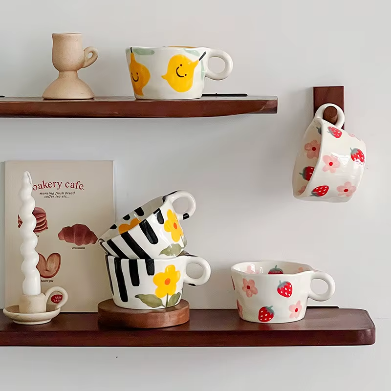 Cute Hand-Painted Ceramic Mugs – Strawberry, Flower, and Fruit Designs – 300ml Espresso & Coffee Cups for Kids and Girls