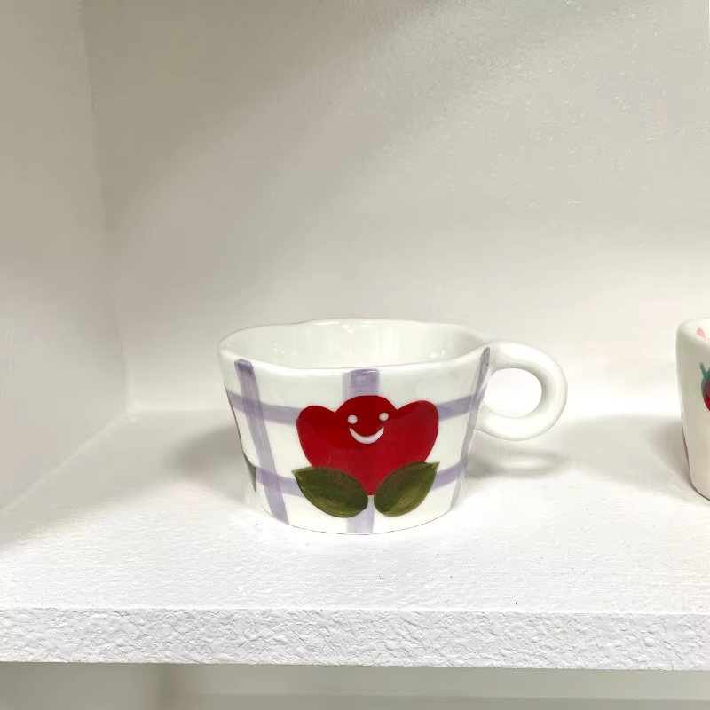 Cute Hand-Painted Ceramic Mugs – Strawberry, Flower, and Fruit Designs – 300ml Espresso & Coffee Cups for Kids and Girls