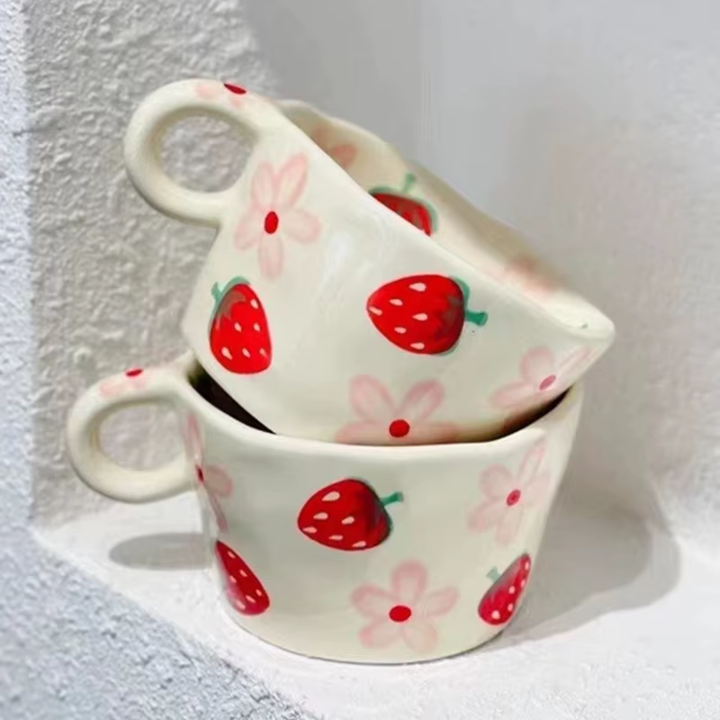 Cute Hand-Painted Ceramic Mugs – Strawberry, Flower, and Fruit Designs – 300ml Espresso & Coffee Cups for Kids and Girls