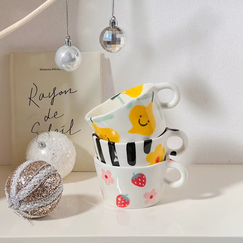 Cute Hand-Painted Ceramic Mugs – Strawberry, Flower, and Fruit Designs – 300ml Espresso & Coffee Cups for Kids and Girls
