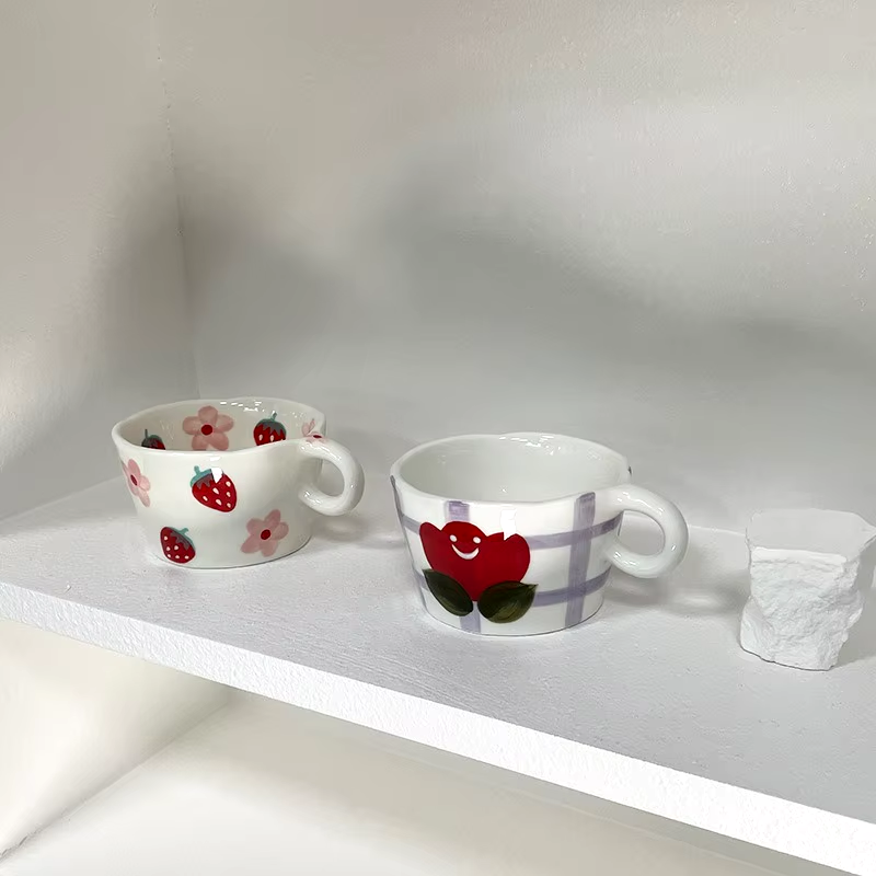 Cute Hand-Painted Ceramic Mugs – Strawberry, Flower, and Fruit Designs – 300ml Espresso & Coffee Cups for Kids and Girls