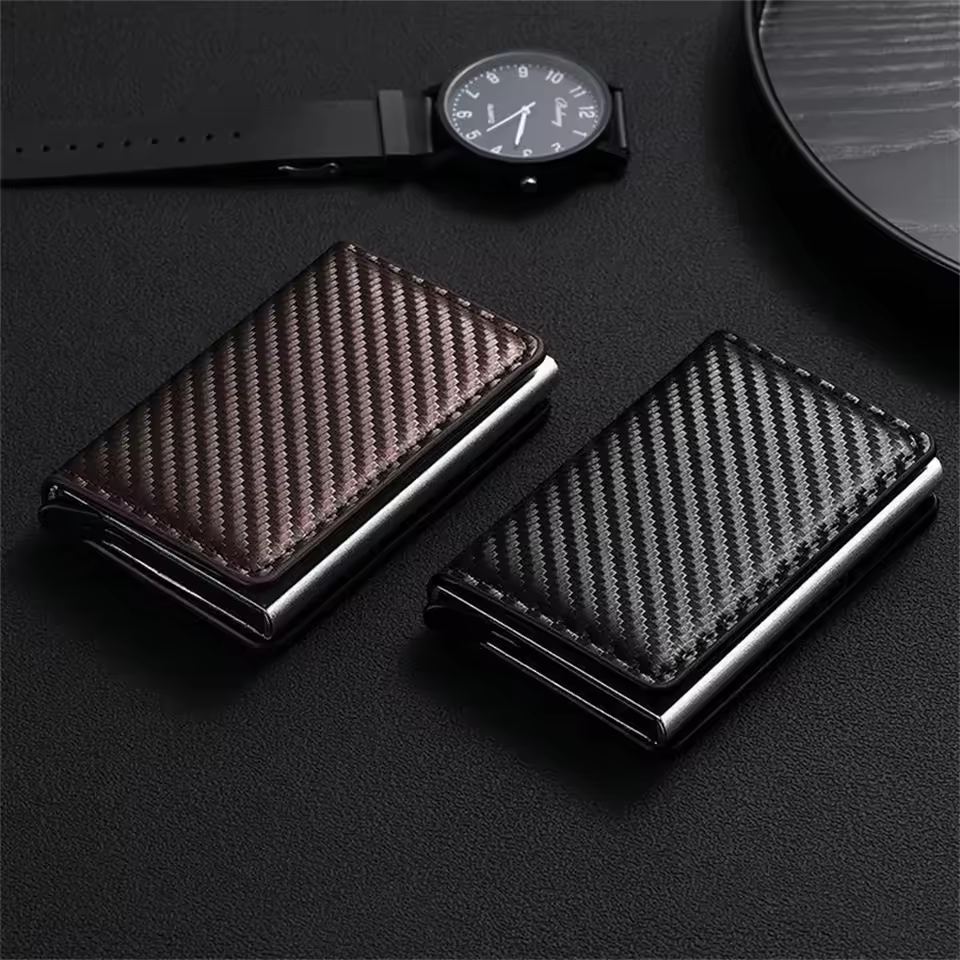 Premium Carbon Fiber RFID Credit Card Holder Wallet – Slim Minimalist Pop-Up Design for Men, Metal RFID Protection, Stylish Black Wallet